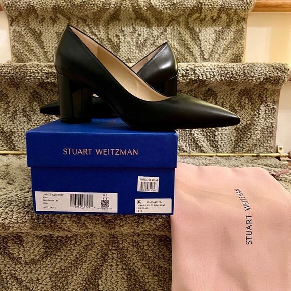 NWB Stuart Weitzman Linsi 75 Block Heel Classic Black Leather Pumps Black… - Picture 3 of 8